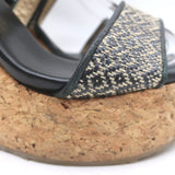 Jimmy Choo Portia Cork Platform Wedge Sandals Navy Woven Raffia Size 37