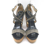 Jimmy Choo Portia Cork Platform Wedge Sandals Navy Woven Raffia Size 37