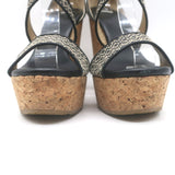 Jimmy Choo Portia Cork Platform Wedge Sandals Navy Woven Raffia Size 37