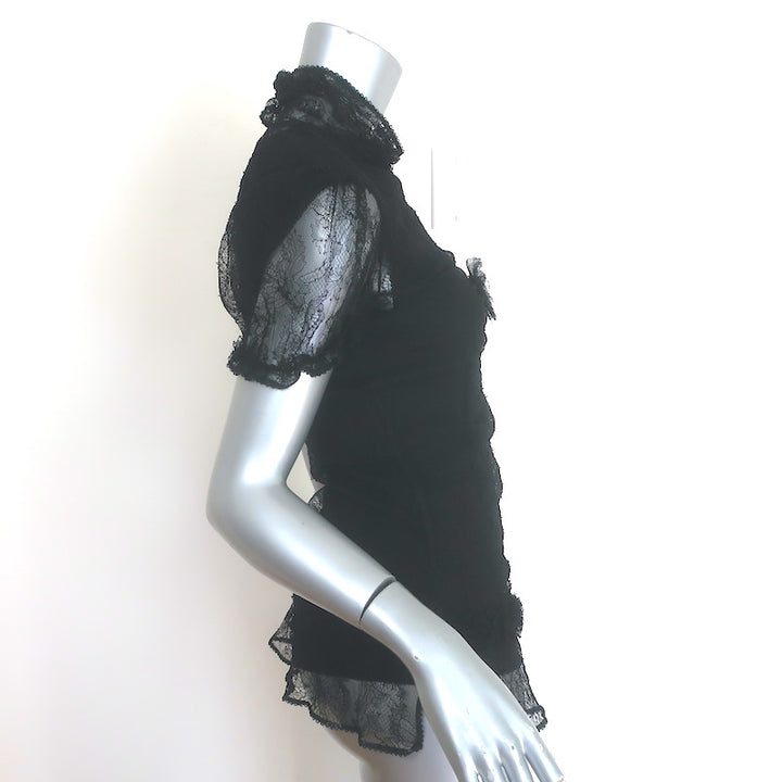 Vintage Chanel 04A Lace Rosette Turtleneck Top Black Size 40 Puff Sleeve Blouse