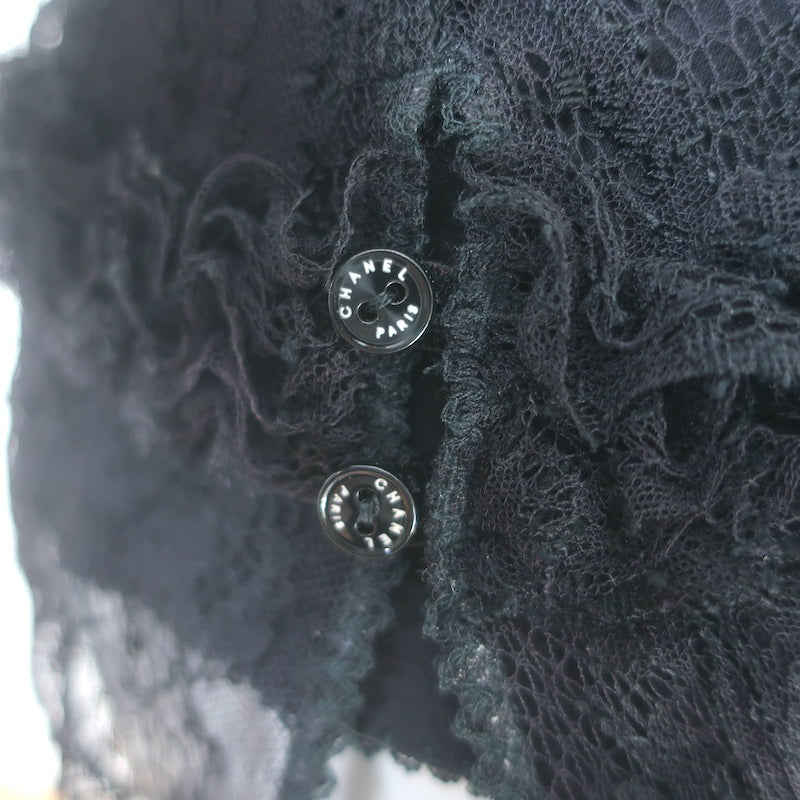 Vintage Chanel 04A Lace Rosette Turtleneck Top Black Size 40 Puff Sleeve Blouse