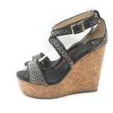 Jimmy Choo Portia Cork Platform Wedge Sandals Navy Woven Raffia Size 37