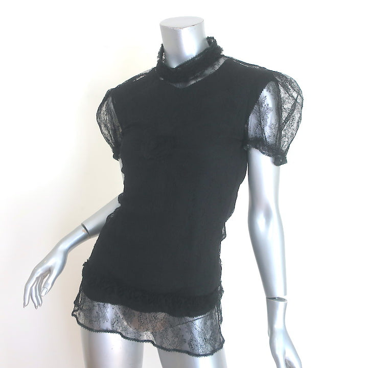 Vintage Chanel 04A Lace Rosette Turtleneck Top Black Size 40 Puff Sleeve Blouse
