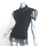 Vintage Chanel 04A Lace Rosette Turtleneck Top Black Size 40 Puff Sleeve Blouse