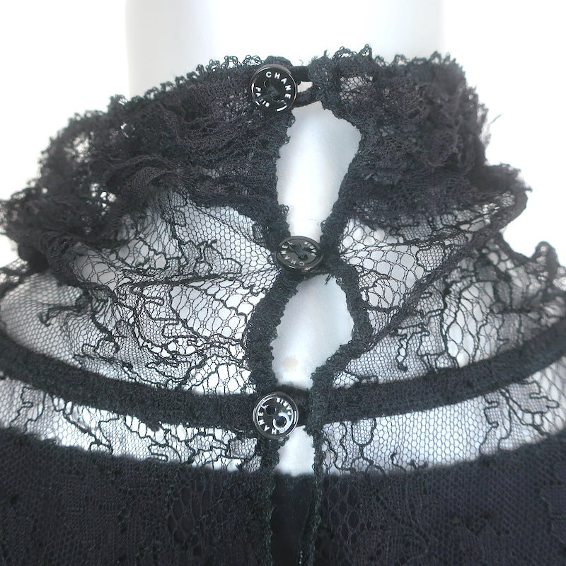 Vintage Chanel 04A Lace Rosette Turtleneck Top Black Size 40 Puff Sleeve Blouse