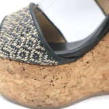 Jimmy Choo Portia Cork Platform Wedge Sandals Navy Woven Raffia Size 37