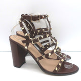 Valentino Rockstud Cage Sandals Dark Brown Leather Size 41 Ankle Strap Heels