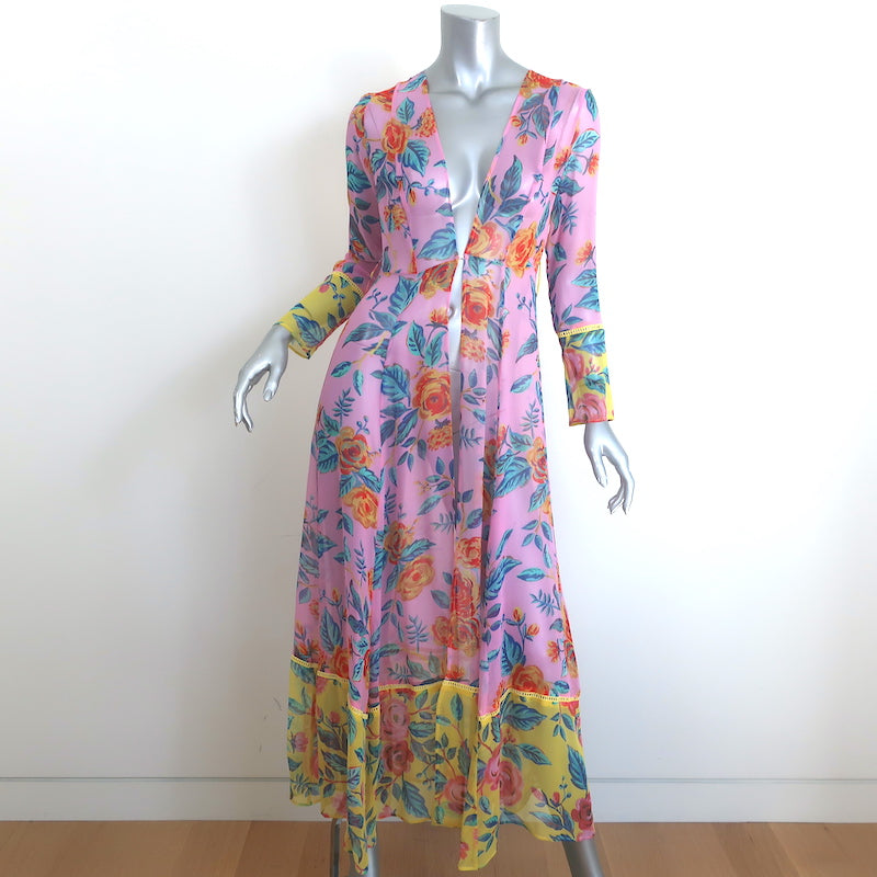 We Are Leone Cover-Up Robe Pink Floral Print Silk Chiffon Size Extra Small/Small