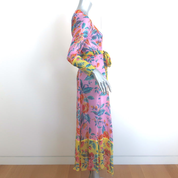 We Are Leone Cover-Up Robe Pink Floral Print Silk Chiffon Size Extra Small/Small