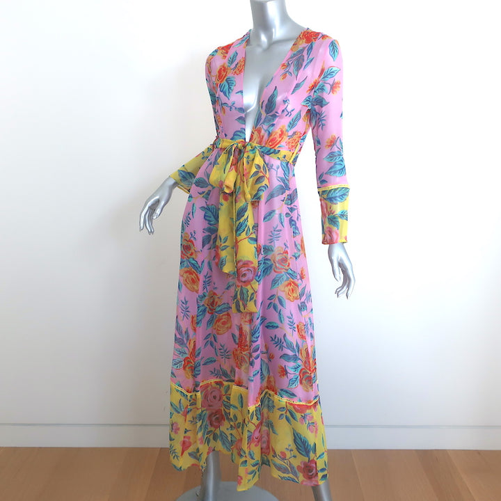We Are Leone Cover-Up Robe Pink Floral Print Silk Chiffon Size Extra Small/Small