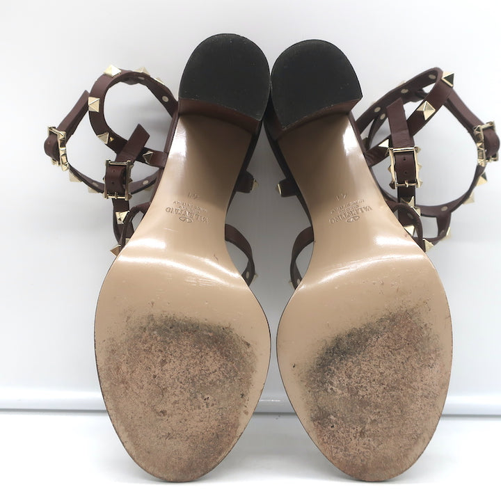 Valentino Rockstud Cage Sandals Dark Brown Leather Size 41 Ankle Strap Heels