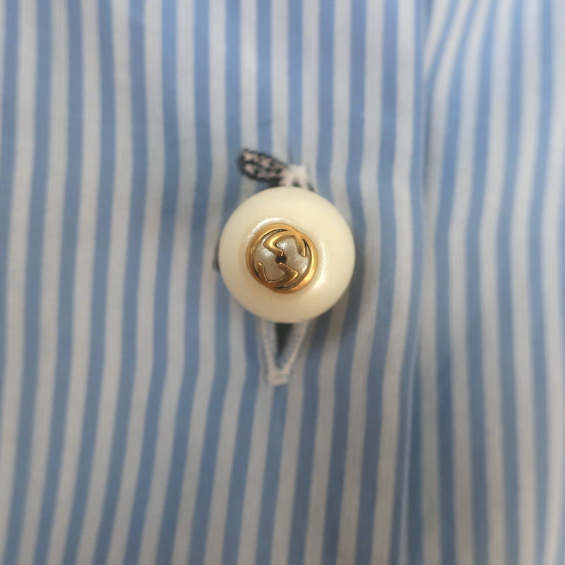 Gucci Rabbit Fil Coupe Tie-Neck Ruffled Shirtdress Blue Striped Cotton Size 38