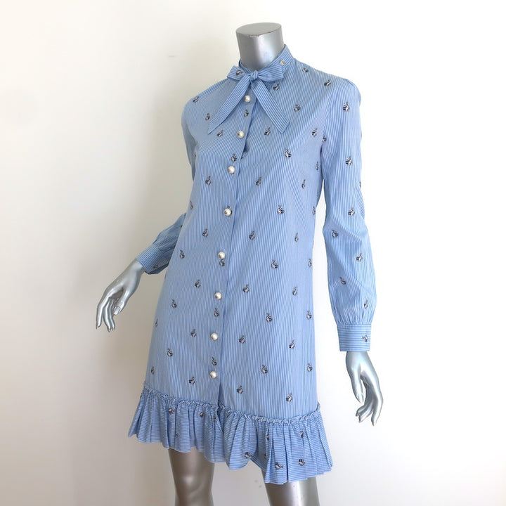 Gucci Rabbit Fil Coupe Tie-Neck Ruffled Shirtdress Blue Striped Cotton Size 38