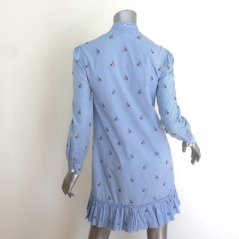 Gucci Rabbit Fil Coupe Tie-Neck Ruffled Shirtdress Blue Striped Cotton Size 38