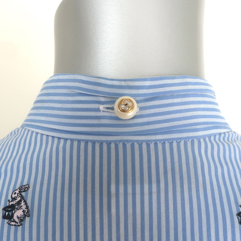 Gucci Rabbit Fil Coupe Tie-Neck Ruffled Shirtdress Blue Striped Cotton Size 38