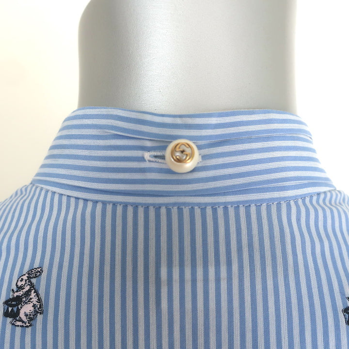 Gucci Rabbit Fil Coupe Tie-Neck Ruffled Shirtdress Blue Striped Cotton Size 38