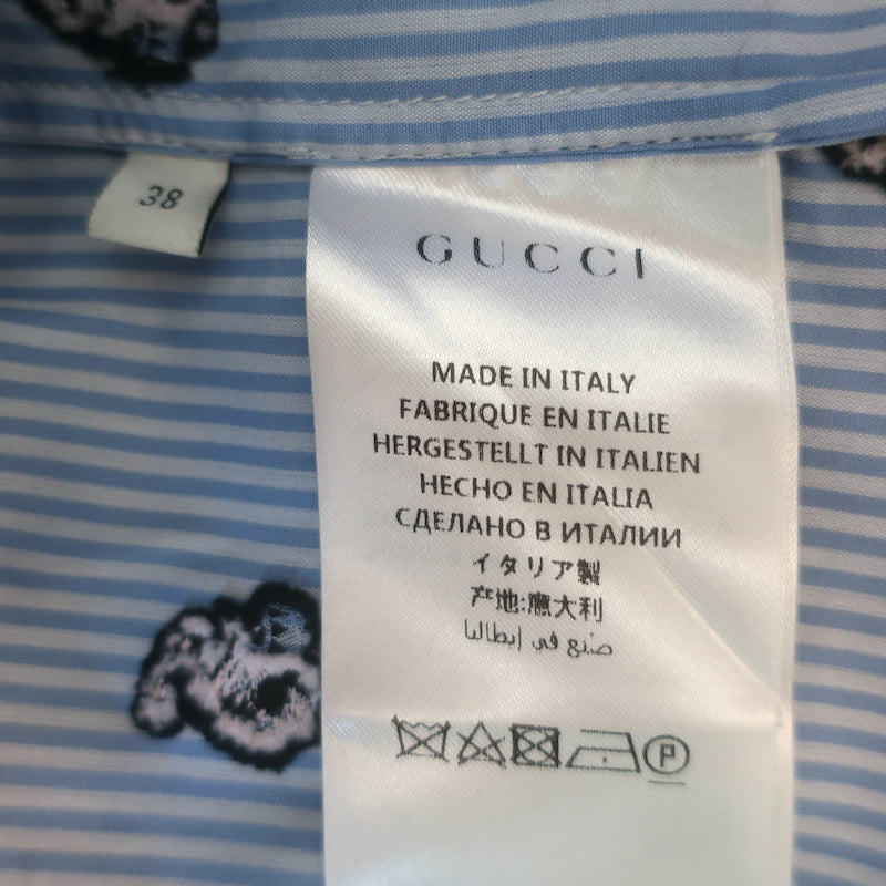 Gucci Rabbit Fil Coupe Tie-Neck Ruffled Shirtdress Blue Striped Cotton Size 38