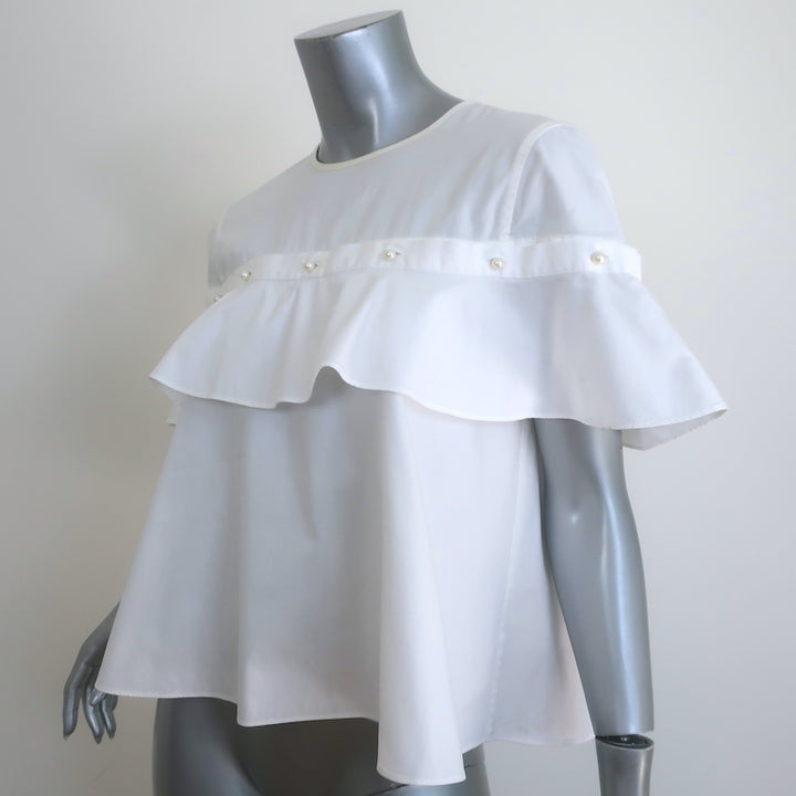 Jonathan Simkhai Faux Pearl-Embellished Ruffle Top White Cotton Size Small