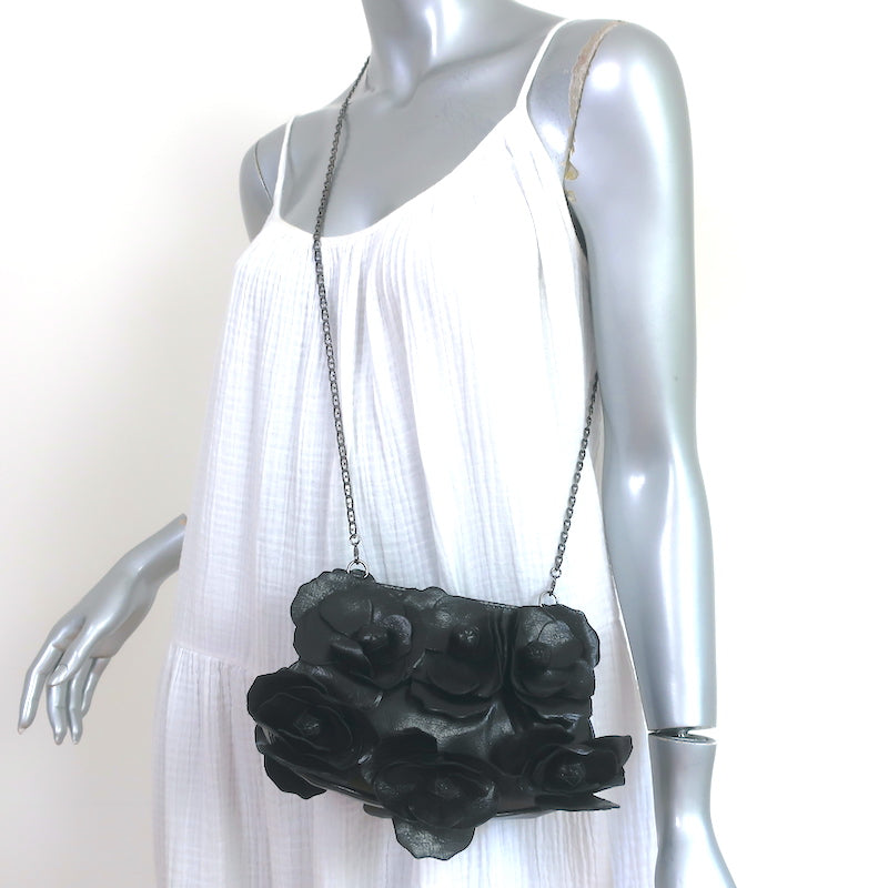 Chanel Black Leather Flower Bow Evening Clutch Pearl Chain