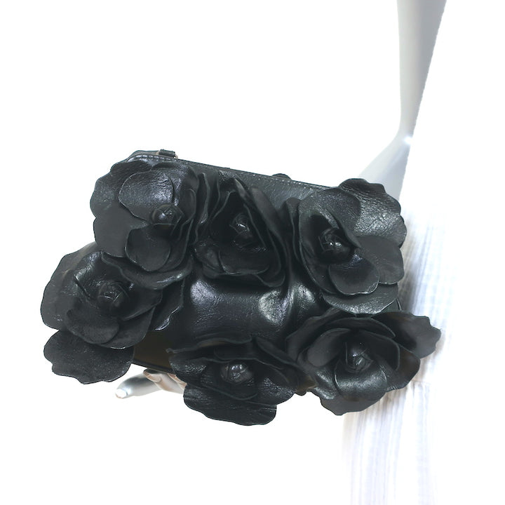 Anne Fontaine Flower Clutch Cherie Black Leather Small Chain Strap Bag