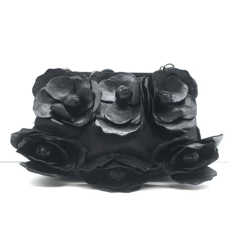 Anne Fontaine Flower Clutch Cherie Black Leather Small Chain Strap Bag
