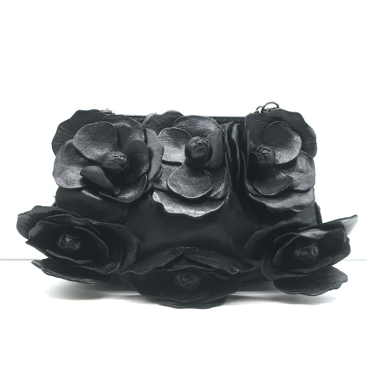 Anne Fontaine Flower Clutch Cherie Black Leather Small Chain Strap Bag