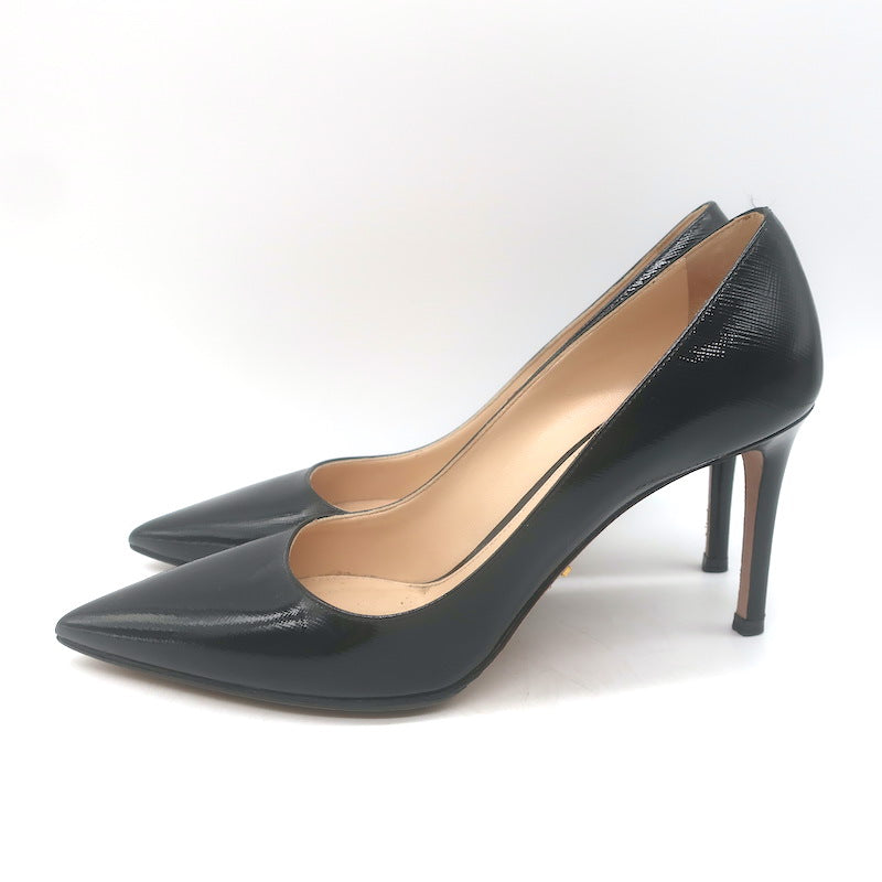 Prada Patent Saffiano Leather Pointed Toe Pumps Black Size 37