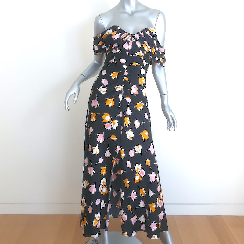 Self-Portrait Off the Shoulder Maxi Dress Black Floral Print Satin Siz – Celebrity Owned Self-Portrait Off the Shoulder Maxi Dress Black Floral Print Satin Siz – Celebrity Owned