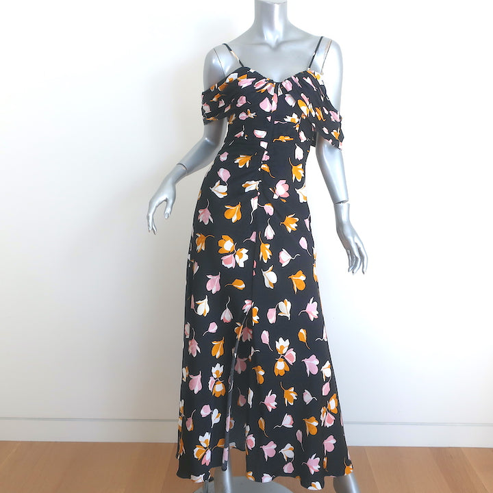 Self-Portrait Off the Shoulder Maxi Dress Black Floral Print Satin Size US 4