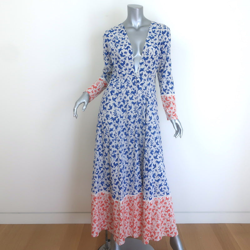 We Are Leone Contrast Maxi Dress Blue/Orange Printed Silk Size Extra Small/Small
