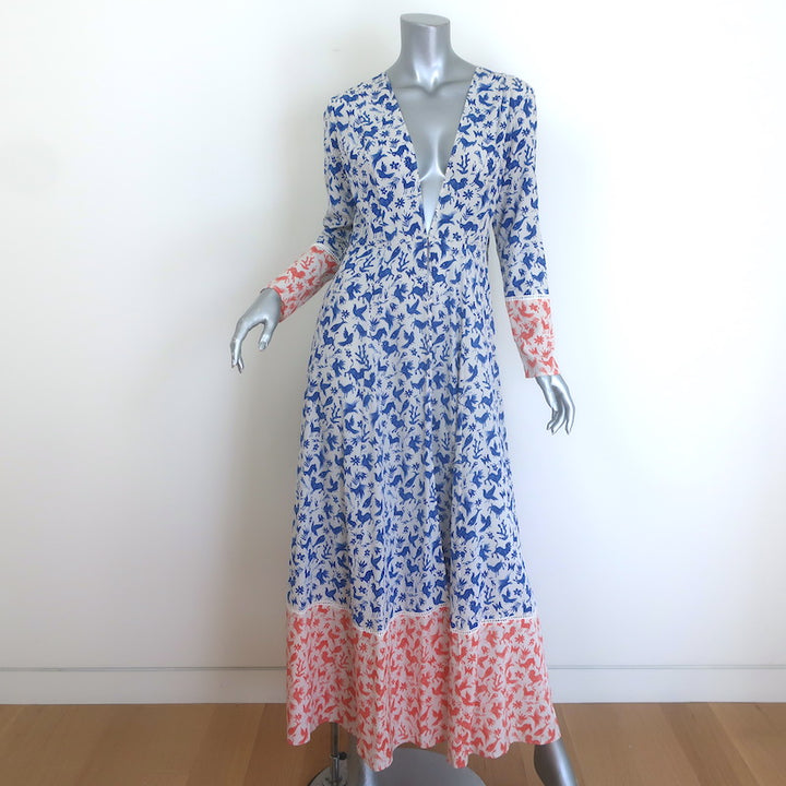 We Are Leone Contrast Maxi Dress Blue/Orange Printed Silk Size Extra Small/Small