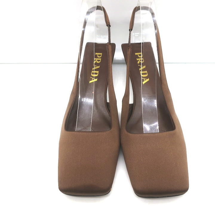 Prada Logo-Heel Slingback Pumps Tobacco Satin Size 40 NEW