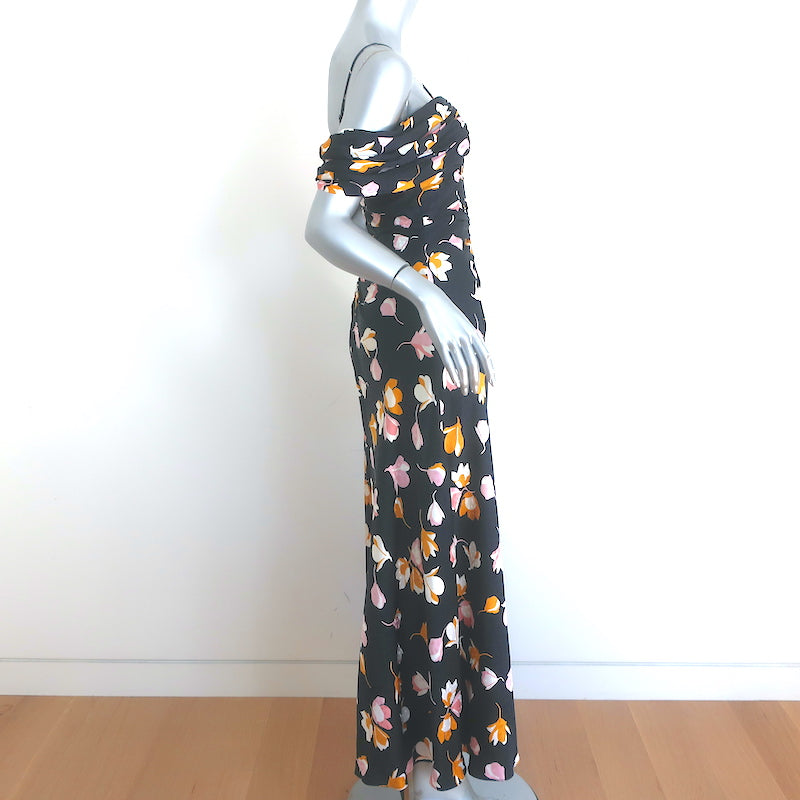 Self-Portrait Off the Shoulder Maxi Dress Black Floral Print Satin Size US 4