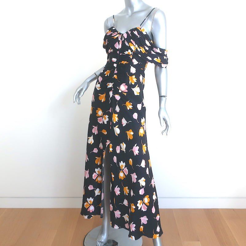 Self-Portrait Off the Shoulder Maxi Dress Black Floral Print Satin Size US 4