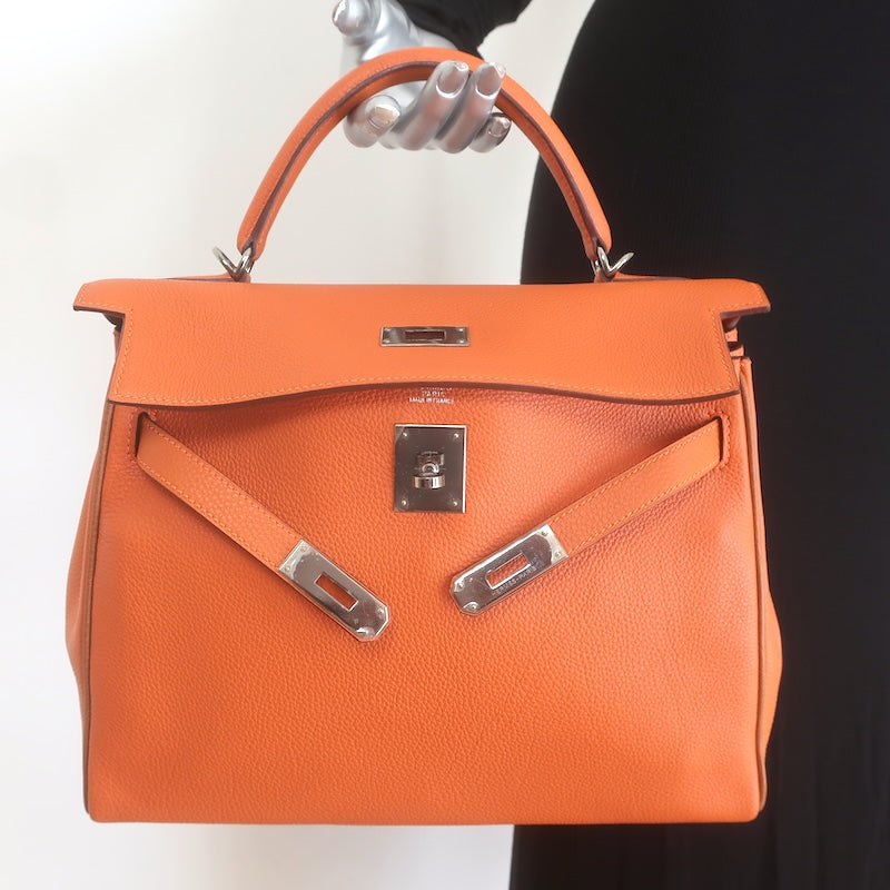 Hermes 2005 Kelly Retourne 32 Bag Orange Togo Leather Palladium Hardware