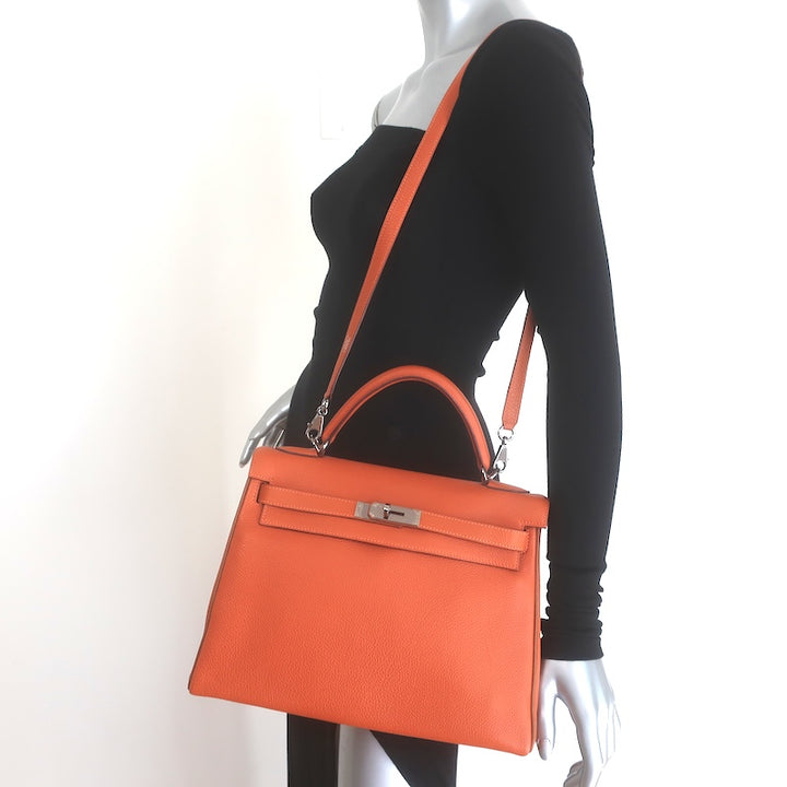 Hermes 2005 Kelly Retourne 32 Bag Orange Togo Leather Palladium Hardware
