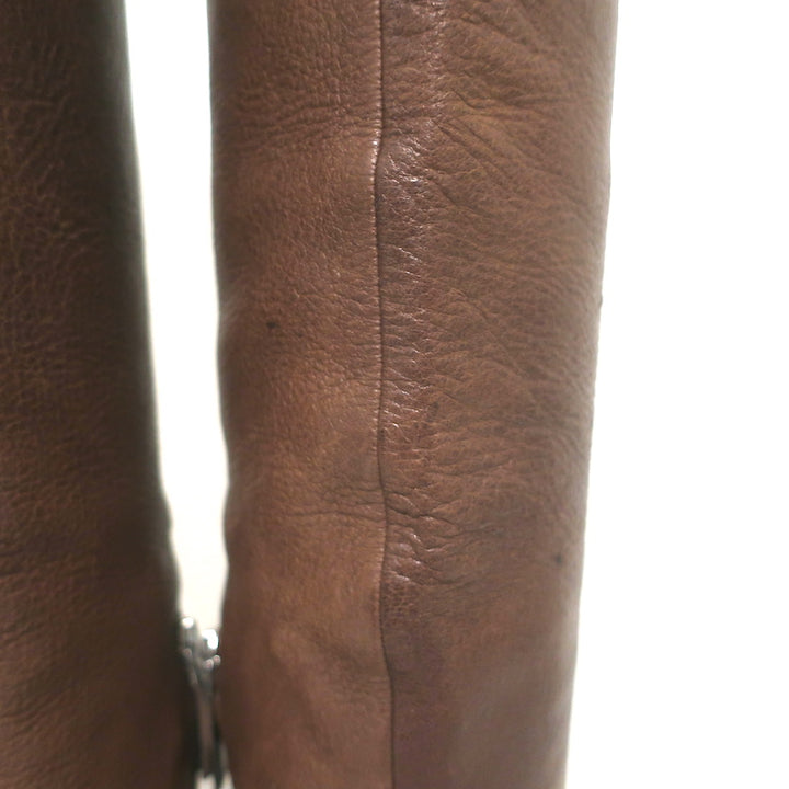 Prada Pointed Toe Flat Knee High Boots Brown Leather Size 38.5