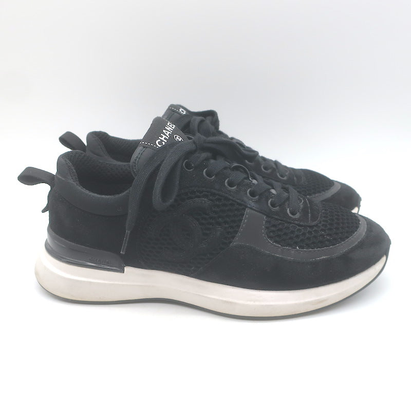 Chanel 22P CC Low Top Sneakers Black Mesh &amp; Suede Size 37