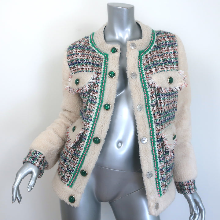 Steve J &amp; Yoni P Shearling &amp; Tweed Down-Filled Jacket Cream/Green Size Small