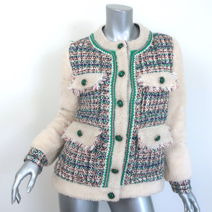 Steve J &amp; Yoni P Shearling &amp; Tweed Down-Filled Jacket Cream/Green Size Small