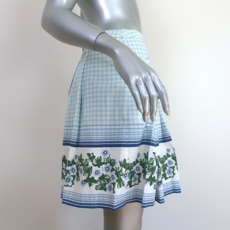 Philosophy di Alberta Ferretti Pleated Skirt Blue Floral Print Gingham Size US 2