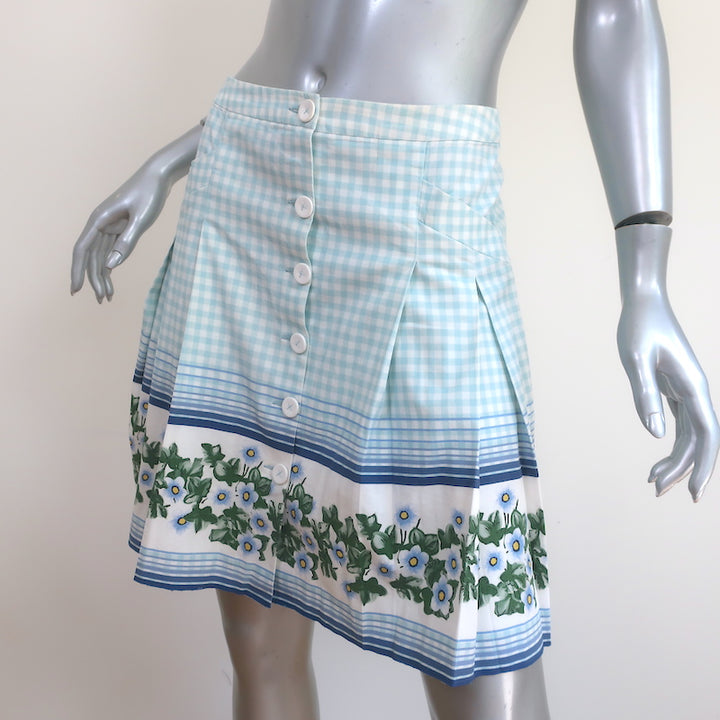 Philosophy di Alberta Ferretti Pleated Skirt Blue Floral Print Gingham Size US 2