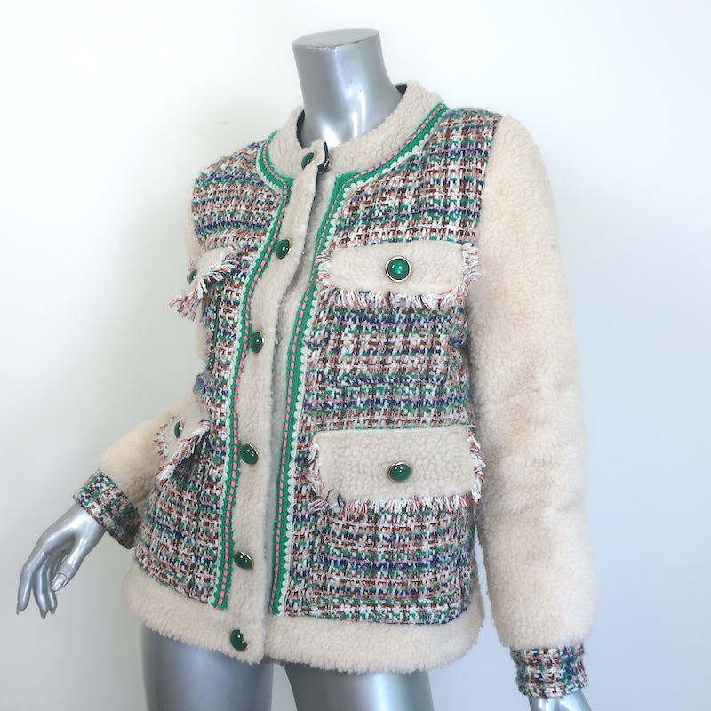 Steve J &amp; Yoni P Shearling &amp; Tweed Down-Filled Jacket Cream/Green Size Small