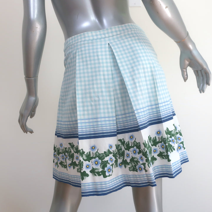 Philosophy di Alberta Ferretti Pleated Skirt Blue Floral Print Gingham Size US 2