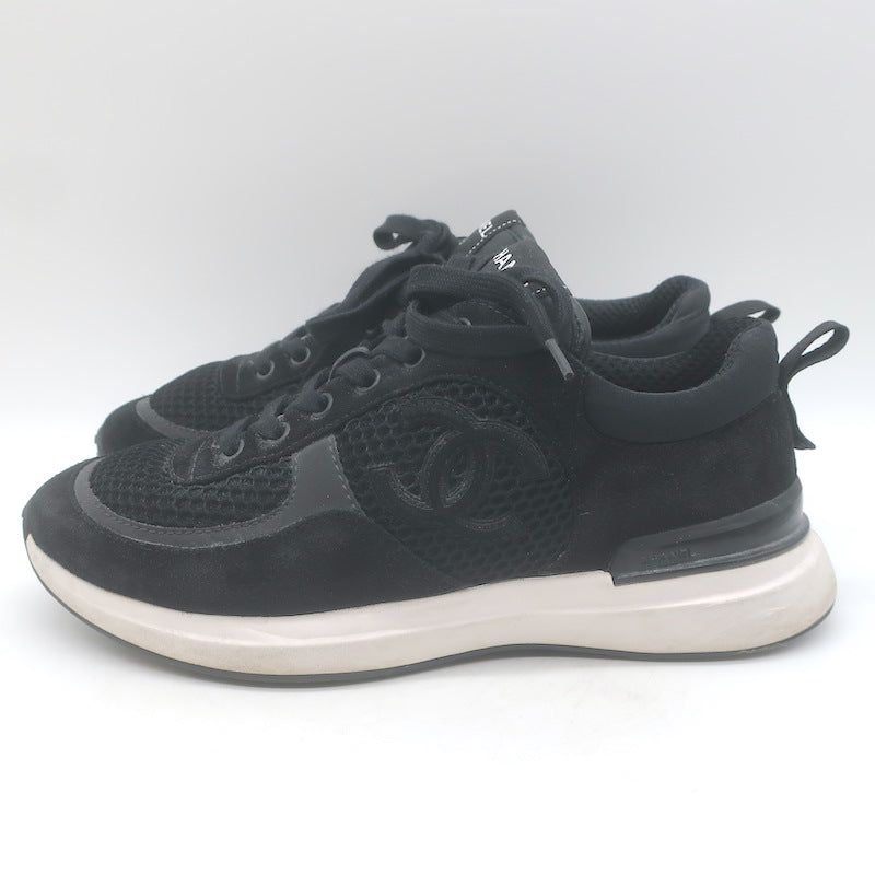 Chanel 22P CC Low Top Sneakers Black Mesh &amp; Suede Size 37