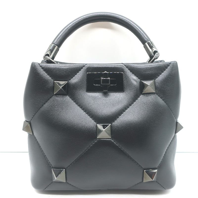 Valentino Small Roman Stud The Handle Bag Black Leather Chain Strap Crossbody
