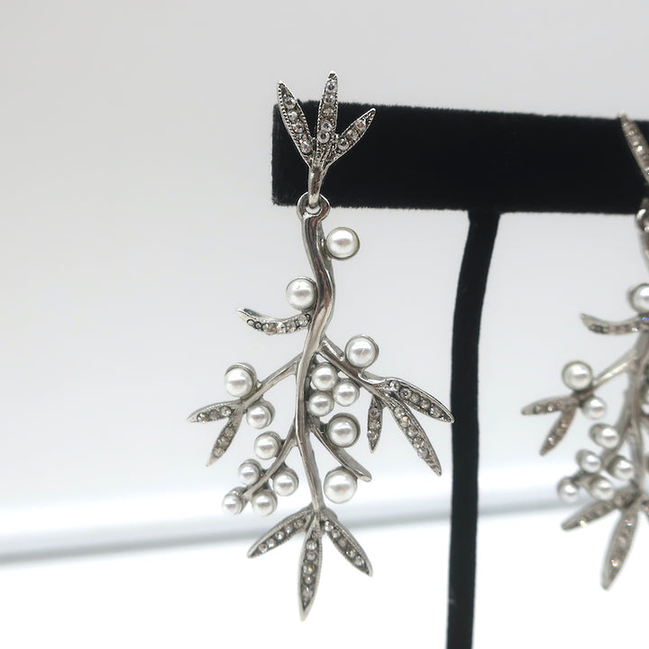Oscar de la Renta Crystal &amp; Faux Pearl Branch Drop Earrings Silver