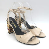 Chanel 23B Chain-Heel Ankle Strap Sandals Beige Shiny Calfskin Leather Size 37.5