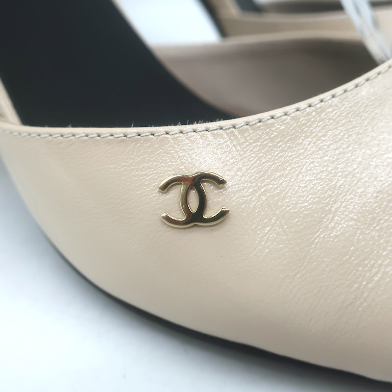 Chanel 23B Chain-Heel Ankle Strap Sandals Beige Shiny Calfskin Leather Size 37.5