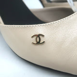 Chanel 23B Chain-Heel Ankle Strap Sandals Beige Shiny Calfskin Leather Size 37.5